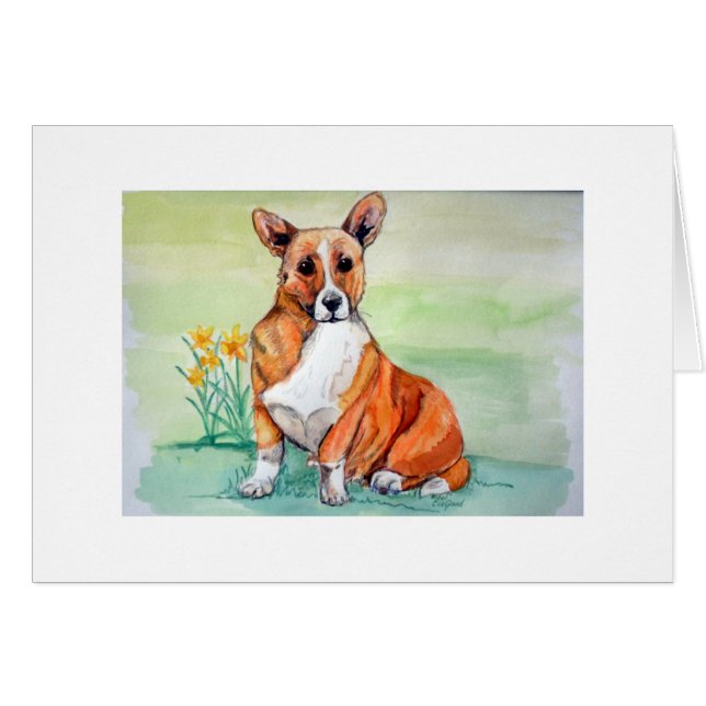 Cute Welsh Corgi Dog with Daffodils (Front Horizontal)