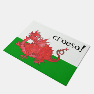 Cute Welsh Red Dragon on Green, White Croeso Doormat