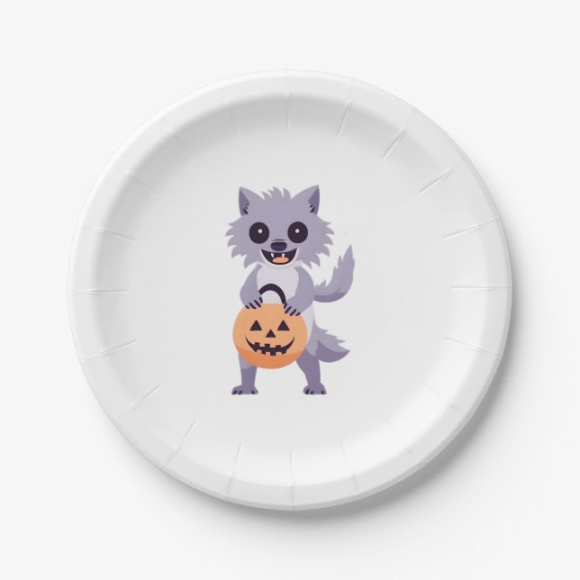 Cute Werewolf with Trick or Treat Bag Paper Plates (Front)