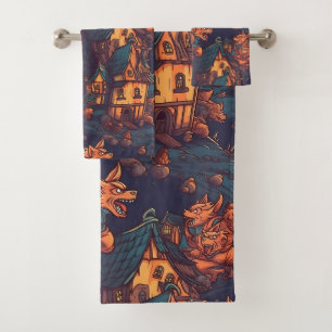 Cute Werewolves Running Around a Village Bath Towel Set