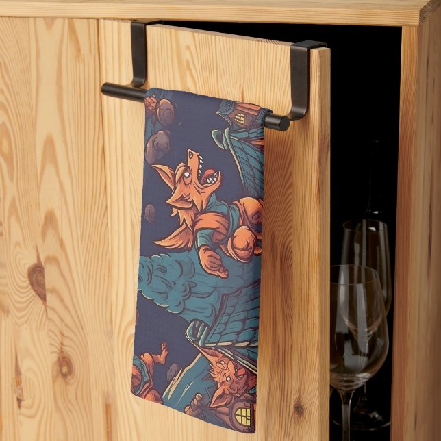 Cute Werewolves Running Around a Village Kitchen Towel (Thirds Fold)