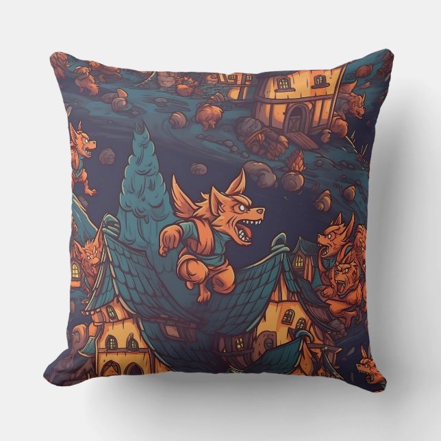 Cute Werewolves Running Around a Village Throw Pillow (Front)