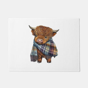 Cute West Highland Cow Baby With Plaid Scarf Wrapp Doormat
