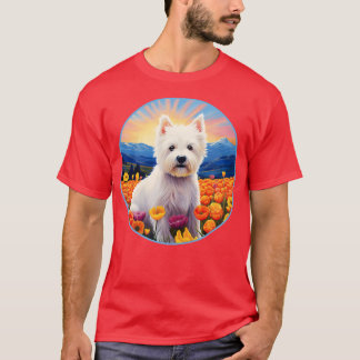 Cute West Highland Terrier Flower Mountain Sunset T-Shirt