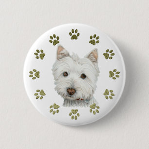 Cute West Highland White Terrier Dog and Paws 2 Inch Round Button