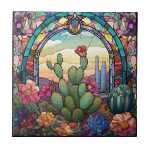 cute western cactus lovers stained glass  tile