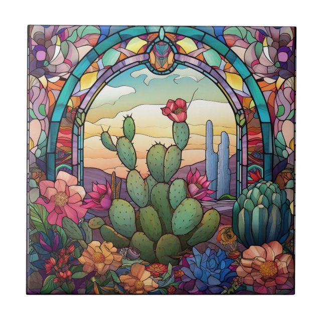 cute western cactus lovers stained glass  tile (Front)