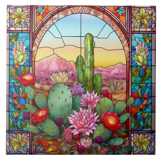 cute western cactus lovers stained glass  tile (Front)