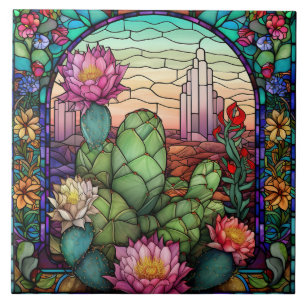 cute western cactus lovers stained glass  tile