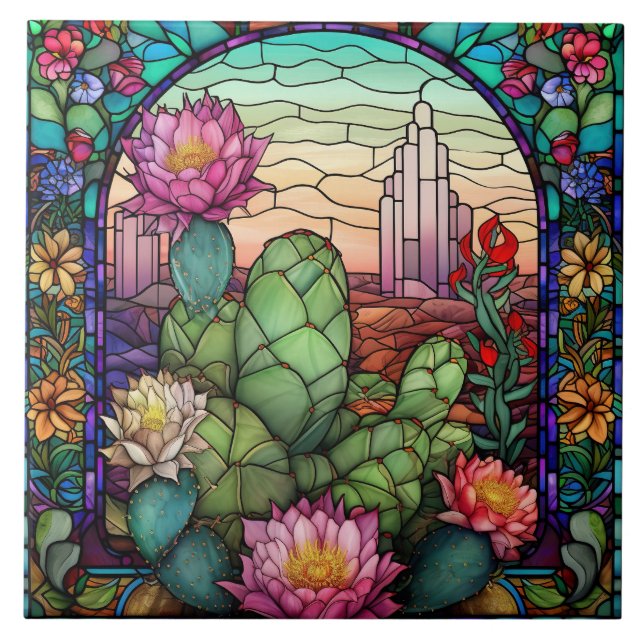cute western cactus lovers stained glass  tile (Front)