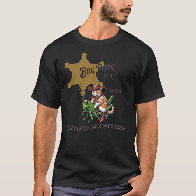 Cute Western Cowboy Tabby Cat Riding A Bug Grassho T-Shirt (Front)