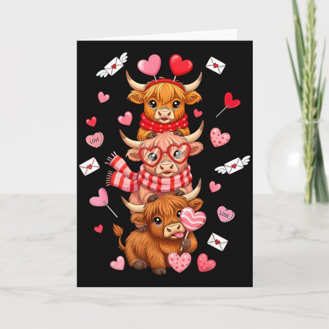 Cute Western Valentine Highland Cows With Hearts  Card (Front)