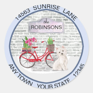 Cute Westie Bicycle Blue Door New Address Moving Classic Round Sticker