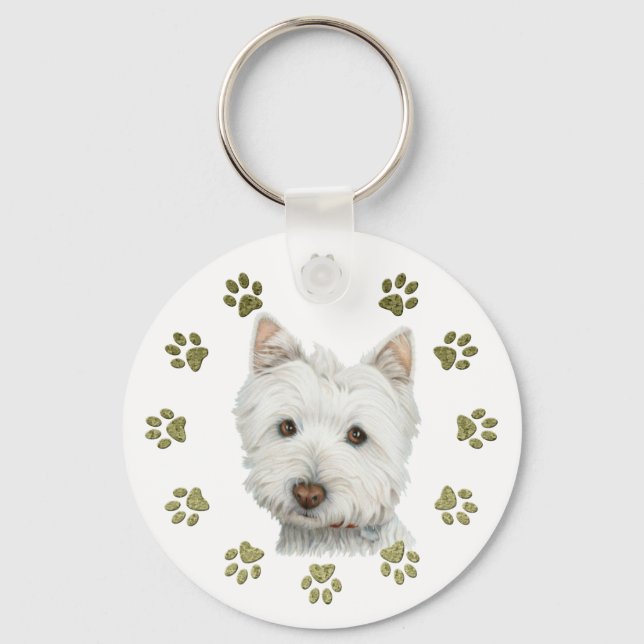 Cute Westie Dog Art and Paws Keychain (Front)