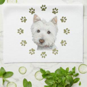 Cute Westie Dog Art and Paws Kitchen Towel