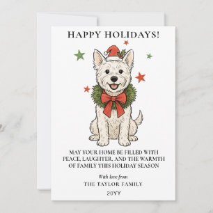Cute Westie White Terrier Dog Red Bow Wreath Holiday Card