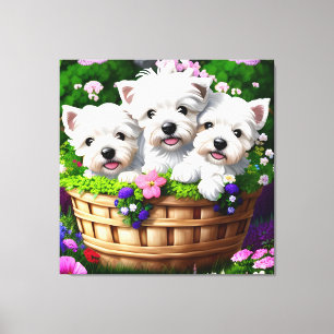 Cute Westie White Terrier Puppies in a Basket 1 Canvas Print