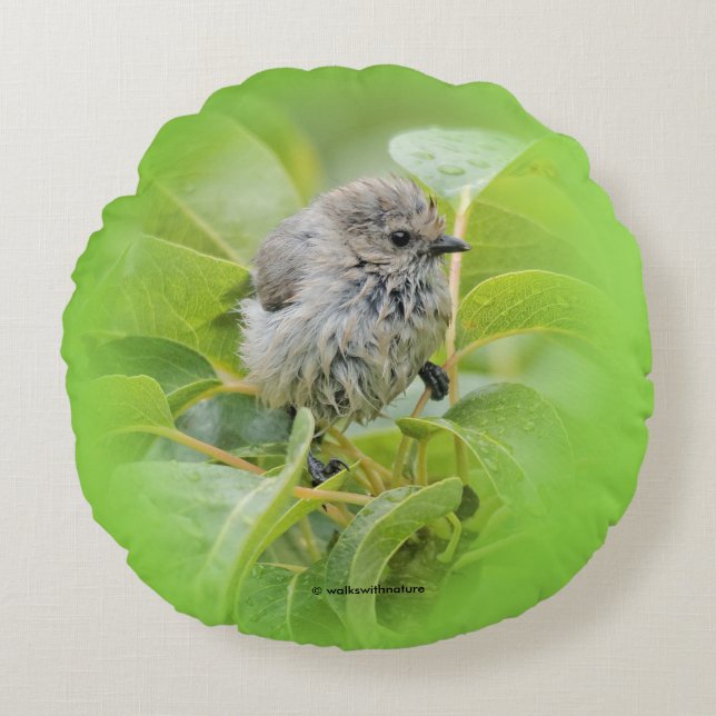 Cute Wet Wee Bushtit on the Laurel Round Pillow (Front)