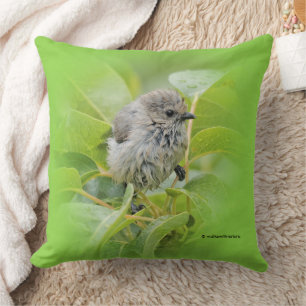 Cute Wet Wee Bushtit on the Laurel Throw Pillow