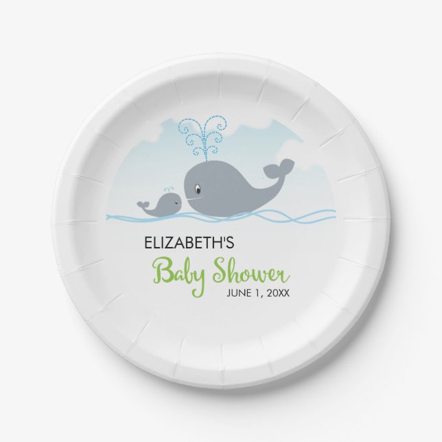 Cute Whale and Baby Whale, Baby Shower Paper Plate (Front)