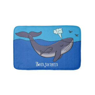 Cute whale and calf whimsical cartoon bath mat