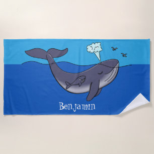 Cute whale and calf whimsical cartoon beach towel