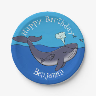 Cute whale and calf  whimsical cartoon paper plate
