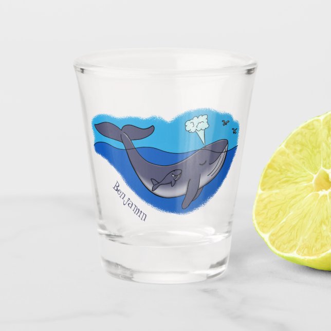 Cute whale and calf whimsical cartoon shot glass (Front)