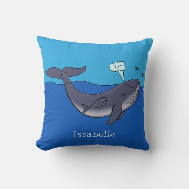 Cute whale and calf whimsical cartoon throw pillow (Front)