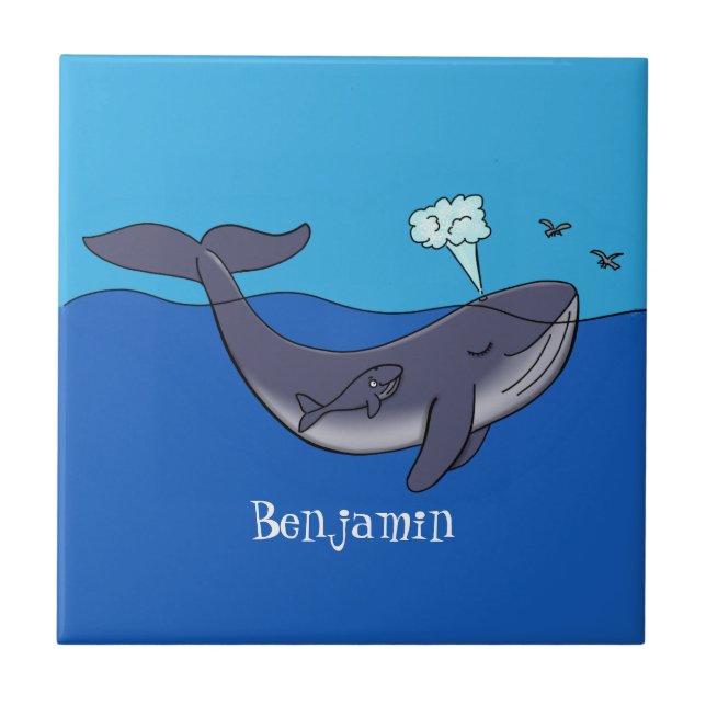 Cute whale and calf whimsical cartoon tile (Front)