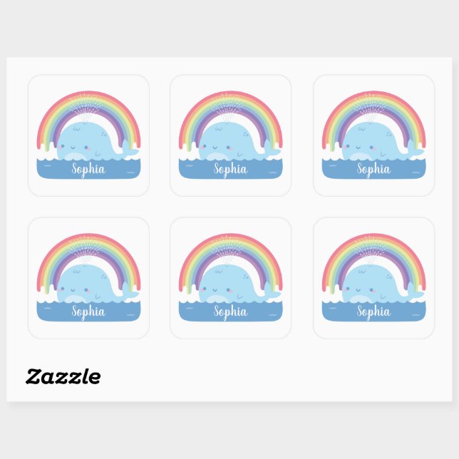 Cute Whale and Rainbow, Colourful Kids Name Square Sticker (Sheet)