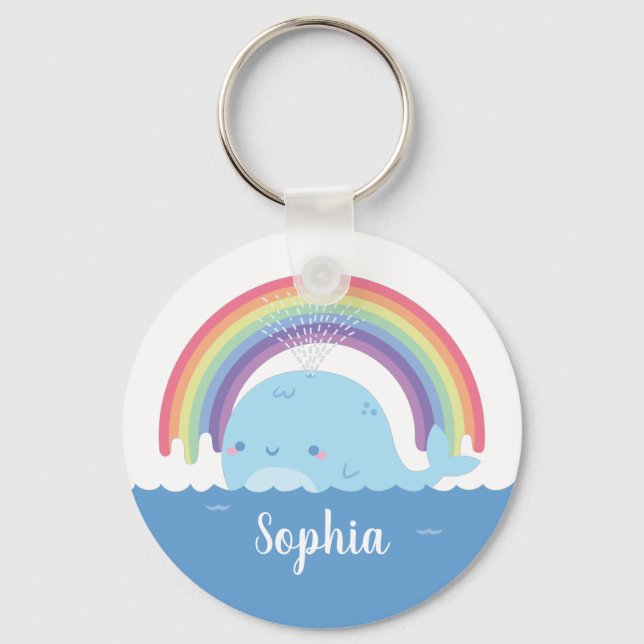 Cute Whale and Rainbow, Colourful Personalized Keychain (Front)