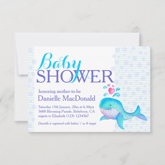 Cute Whale art baby shower aqua violet invitation (Devant)