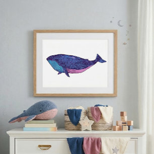 Cute Whale Art Drawing in Ocean Blue Poster