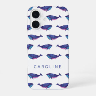 Cute Whale Art Pattern in Ocean Blue Personalized iPhone 16 Case