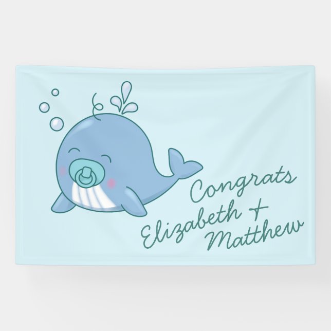 Cute Whale Baby Shower Kawaii Boy Blue Banner (Horizontal)