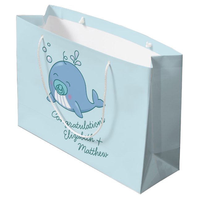 Cute Whale Baby Shower Kawaii Boy Blue Large Gift Bag (Back Angled)