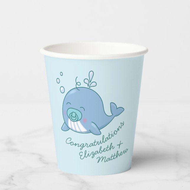 Cute Whale Baby Shower Kawaii Boy Blue Paper Cups (Front)