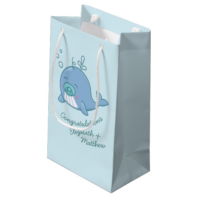 Cute Whale Baby Shower Kawaii Boy Blue Small Gift Bag (Back Angled)