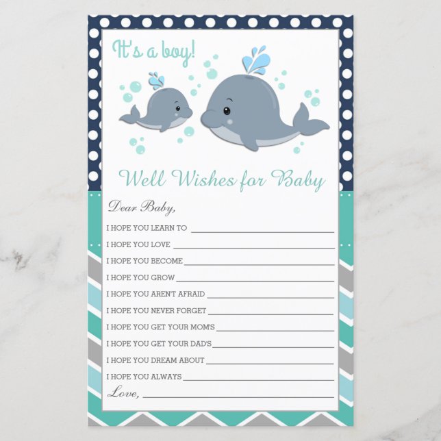 Cute Whale Baby Shower Well Wishes for Baby Card (Front)