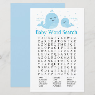 Cute Whale Baby Shower Word Search Game