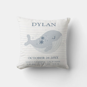 Cute Whale Blue Boy Birth Announcement Stats Throw Pillow