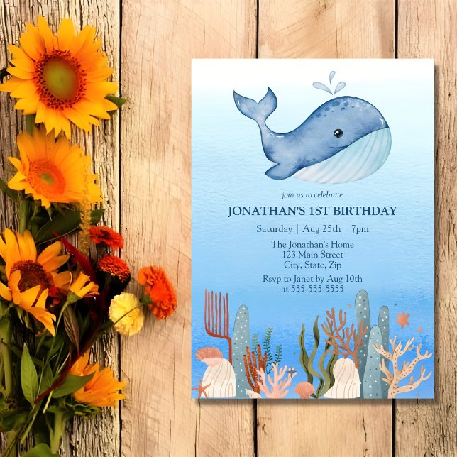  Cute Whale Blue Sea Coral Reef 1st Birthday  Invitation (Creator Uploaded)