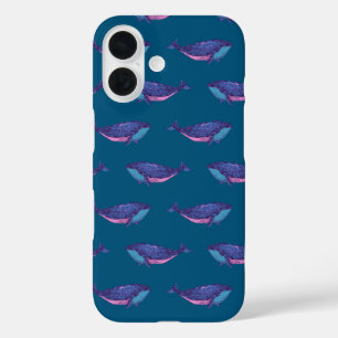 Cute Whale Drawing Pattern in Ocean Blue iPhone 16 Case