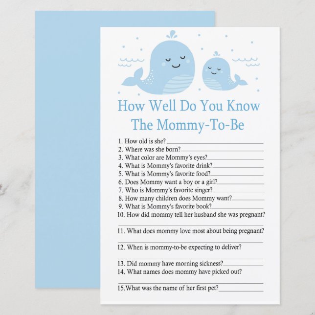 Cute Whale How well do you know baby shower game (Front/Back)