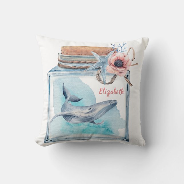 Cute Whale In A Jar With Name Throw Pillow (Front)