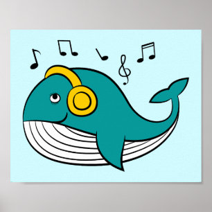 Cute Whale Listening To Music Poster