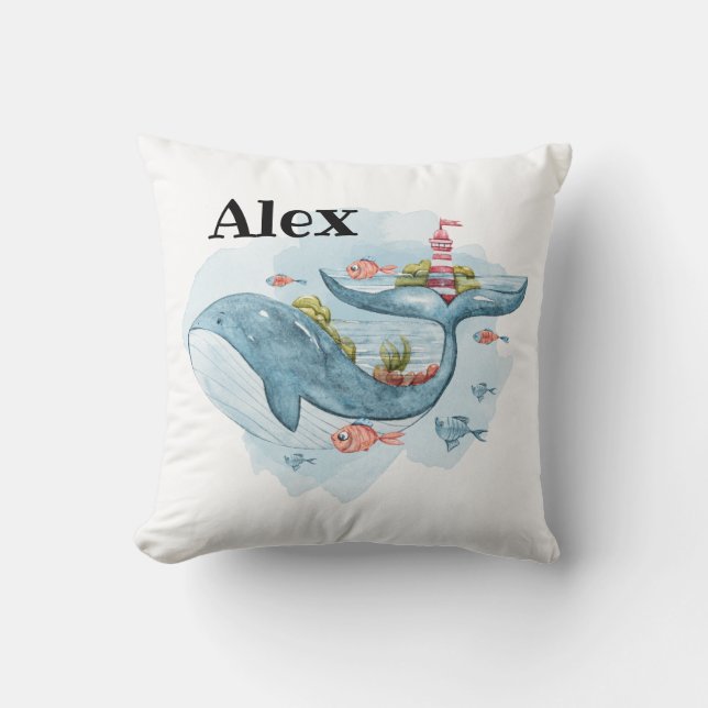 Cute Whale Nursery Decor Custom Name Throw Pillow (Front)