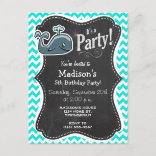 Cute Whale on Turquoise, Aqua Colour Chevron Invitation Postcard