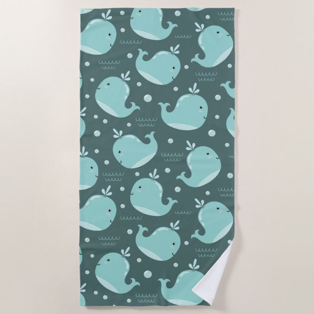 Cute Whale Pattern on Teal Blue Kids Beach Towel (Front)